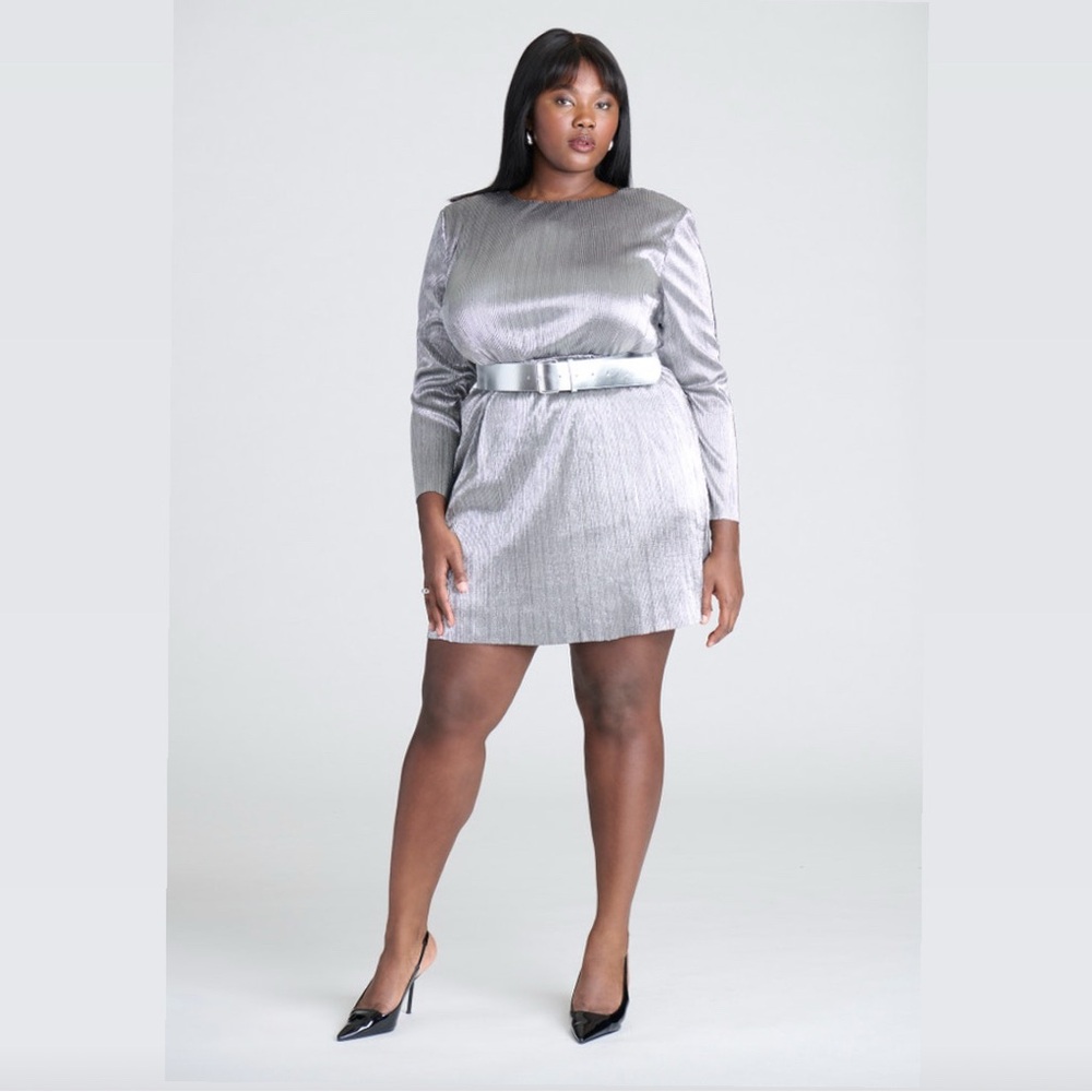 Eloquii Size 20 Silver Pleated Metallic Long Sleeve Belted Mini Dress Plus